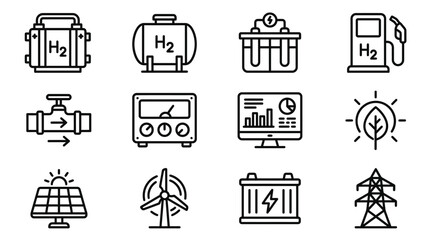 Clean Energy Icons: Hydrogen, Solar, Wind, Battery, Power Grid © gok