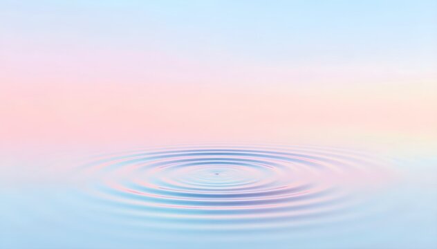 Minimal abstract scene of calm water surface with perfect circular ripple expanding symmetrically featuring soft pastel colors for mindfulness presentation