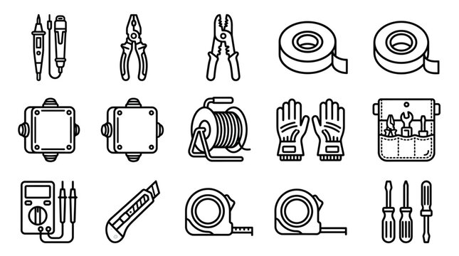 Electrical Tools and Supplies Icon Set: Soldering Iron, Pliers, Cutters, Tape, Box, Gloves