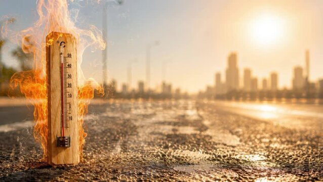 Wooden thermometer engulfed in flames on scorching pavement with blazing sun and blurred city skyline, symbolizing extreme heat, wildfire danger and climate change. Urban heatwave, environmental crisi