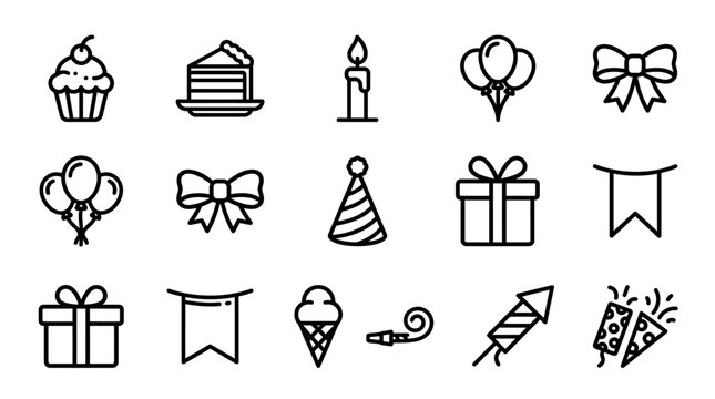 Birthday Party Icons Set: Cupcake, Cake Slice, Candle, Balloons, Bows, Gifts, Hats, Flags