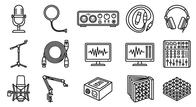 Music Production Icons: Microphone, Mixer, Headphones, Audio Interface, Cables
