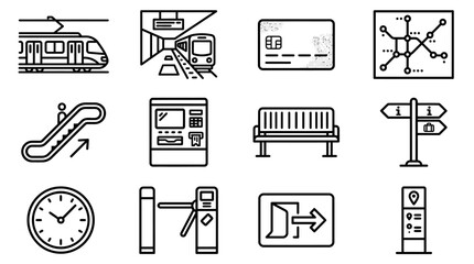 Public Transport Icons Set: Train, Subway, Credit Card, Map, Escalator, ATM, Bench, Signpost © gok