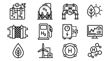 Hydrogen Energy Icons: Production, Storage, Fueling, and Renewable Sources © Pizksen
