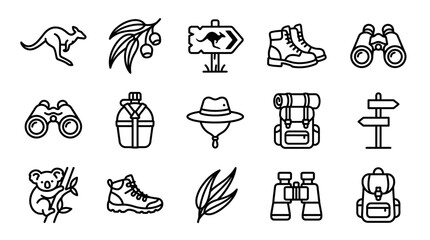 Australian Outback Adventure Icons: Kangaroo, Koala, Bushwalking Gear, Binoculars © Pizksen