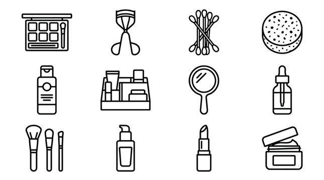 Cosmetics and Beauty Tools Icon Set: Makeup, Skincare, and Application Essentials