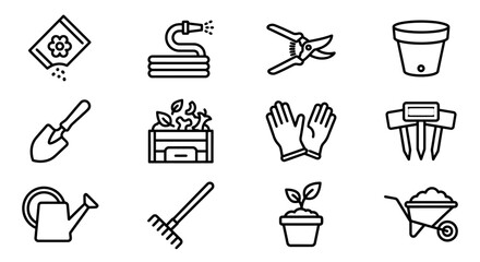 Gardening Tools and Supplies Icons Set: Planting, Watering, Cultivating, and Harvesting Elements © Re