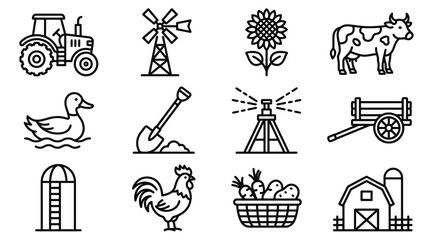 Farm Icons Set: Tractor, Cow, Duck, Rooster, Windmill, Barn, Silo, Tools, Crops © gok