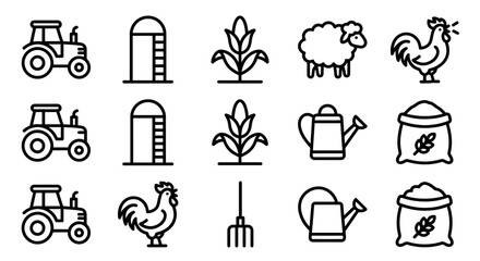 Farm Icons: Tractor, Silo, Corn, Sheep, Rooster, Watering Can, Pitchfork, Grain Bag © Turok