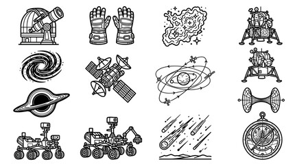 Space Exploration Icons: Telescope, Astronaut Gloves, Galaxy, Rover, Satellite, Black Hole © Re