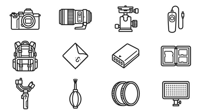 Photography Gear Icons: Camera, Lens, Tripod, Backpack, Gimbal, Light, SD Card Holder