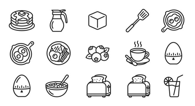 Breakfast Icons Set: Pancakes, Coffee, Eggs, Toast, Berries, Juice, Timer, Syrup, Spatula