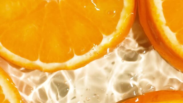 Macro shot of juicy orange citrus slices submerged in swirling clear liquid