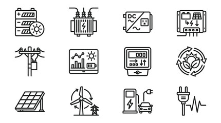 Renewable Energy Icons: Solar, Wind, Battery, EV Charging, Transformer, Grid © Re