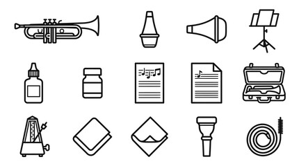 Musical Instruments & Accessories Line Icons: Trumpet, Mute, Sheet Music, Metronome, Case © Re