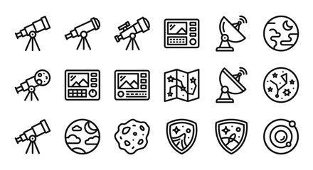 Astronomy Icons: Telescopes, Satellites, Planets, Star Map, Radar - Space Exploration Set © Sapi