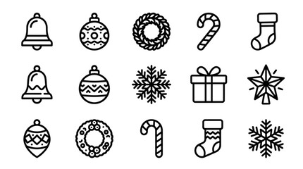 Christmas Icons Set: Bell, Bauble, Wreath, Candy Cane, Stocking, Snowflake, Gift © Turok