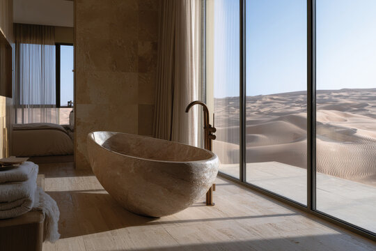 An exquisite bathroom featuring a stunning tub and panoramic desert view from the window, highlighting a luxurious and minimalistic design approach for relaxation.