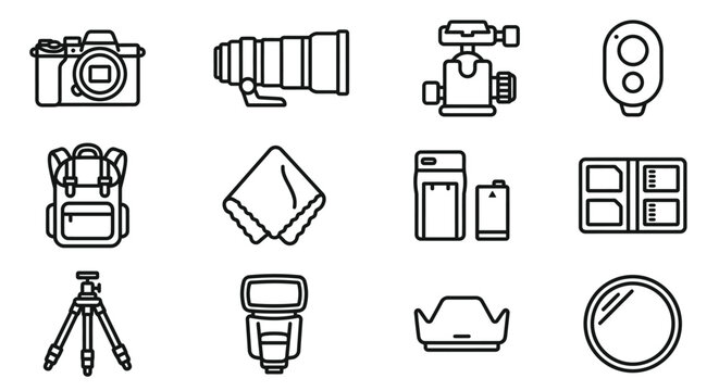 Photography Equipment Icons: Camera, Lens, Tripod, Flash, Backpack, Memory Cards & Accessories