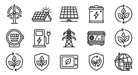 Renewable Energy Icons: Wind Turbine, Solar Panel, Battery, EV Charger, Grid Tower, Meter © Sapi