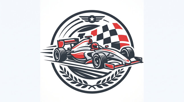 Racing car emblem with checkered flag and circular laurel wreath vector icon design