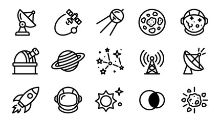 Space Icons: Rocket, Astronaut, Satellite, Planet, Stars, Telescope, Astronomy, Cosmos © Vevek