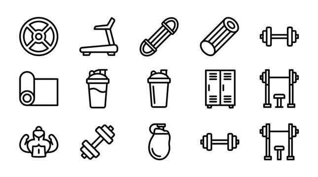 Fitness Equipment Icons: Dumbbells, Treadmill, Yoga Mat, Shaker, Locker, Weight Plate