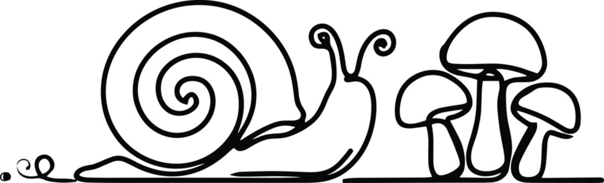 Black and white line of a snail and three mushrooms