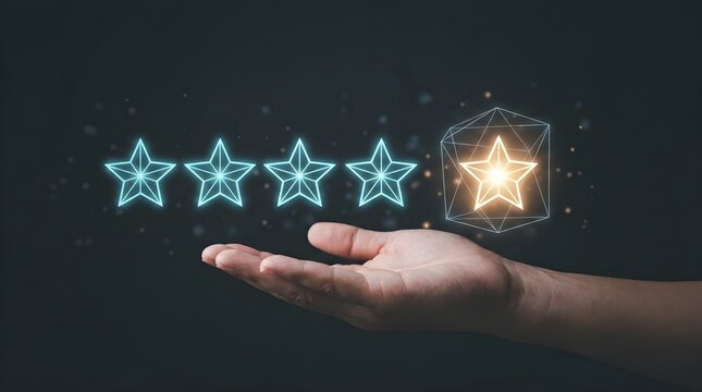 Customer service rating concept featuring a human hand holding floating glowing digital stars to represent high quality business excellence