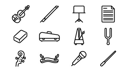 Musical Instruments and Accessories Icons Set: Violin, Metronome, Music Stand, Microphone © Vevek