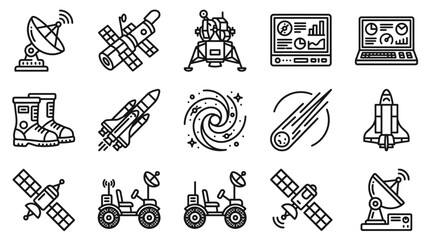 Space Exploration Icons: Satellites, Rockets, Moon Lander, Spaceship, Rover, Galaxy, Meteor © Ye