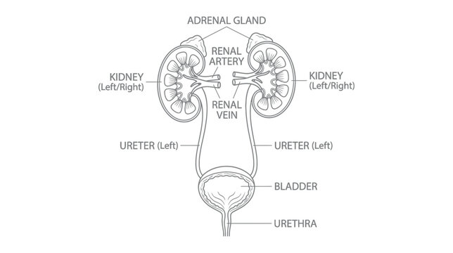 Human Urinary System Anatomy Diagram - Kidneys, Bladder, Ureters, Adrenal Glands