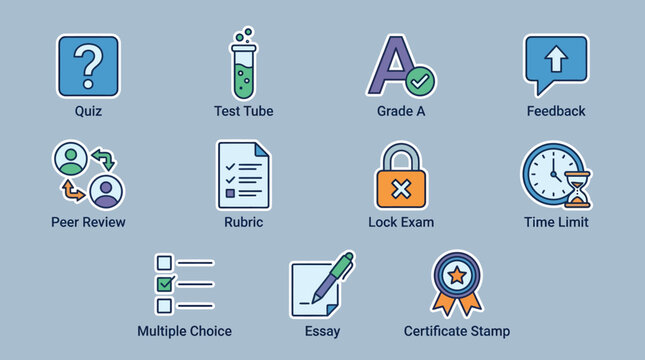 education icons set for quiz test and exam on blue background for elearning
