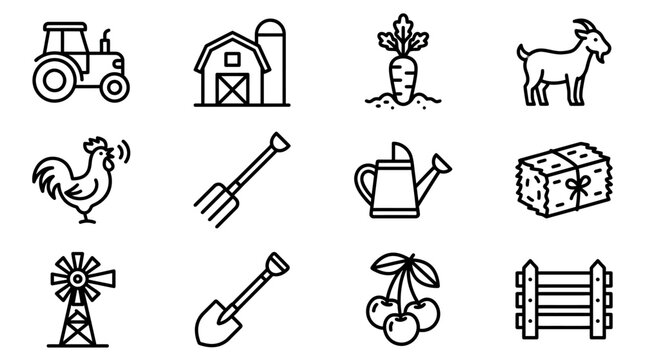 Farm Icons: Tractor, Barn, Rooster, Goat, Carrot, Hay, Mill, Tools, Cherries, Fence