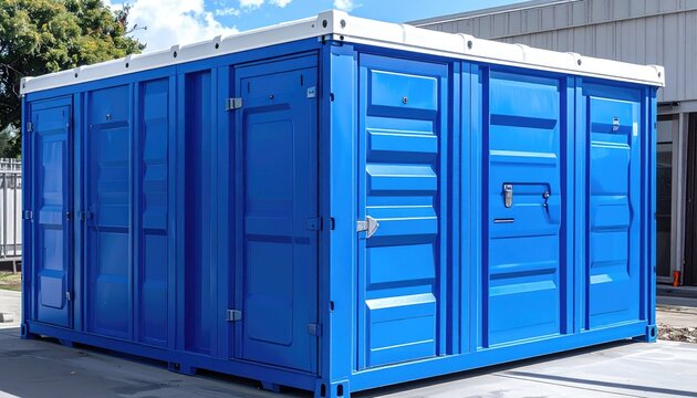 Portable restroom unit with multiple stalls, white roof, and blue siding