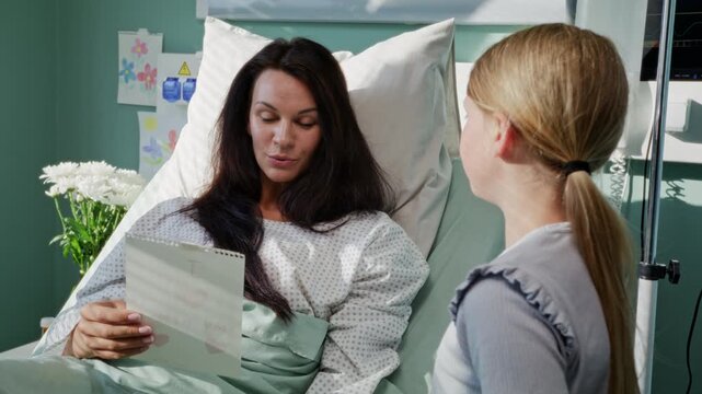 Mother receives card from daughter during hospital recovery