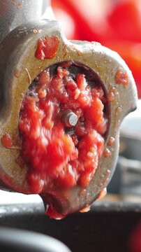 Cooking tomato paste in food grinder. Vertical footage