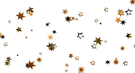 Sparkling golden stars confetti on a white backdrop, perfect for festive designs, celebrations, and holiday greetings. I © vegefox.com