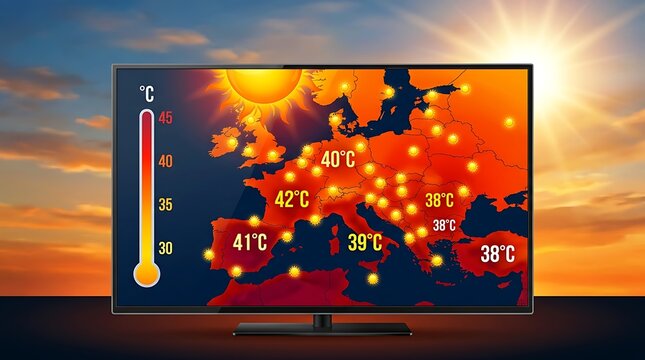 European heatwave showcases extreme high temperatures on weather map with major cities like Madrid and Rome exceeding 40 degrees celsius.