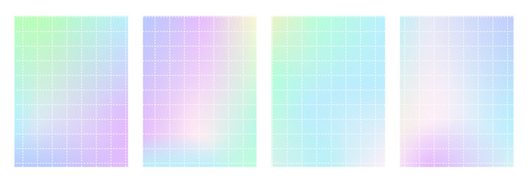 Pastel gradient poster template set with gradation y2k. Unicorn holographic grid dash paper in mint and purple pattern background. Notebook dash graph plaid math texture bg with geometric checkered