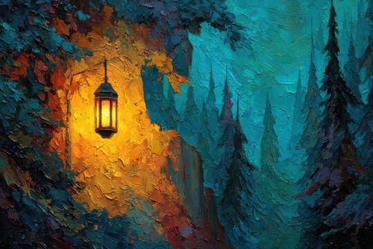 Mystical Forest Lantern: An old, glowing lantern hangs from a tree branch, casting a warm, inviting light into a dark, enchanted forest path.