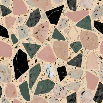 Seamless pattern modern terrazzo tile texture large irregular stone chips of quartz marble and granite dusty pink sage green and charcoal on a warm cream background