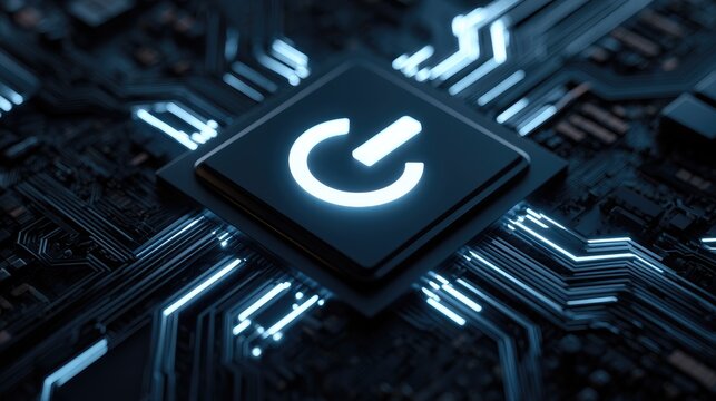 Close-up of a glowing power button symbol on a futuristic computer chip.