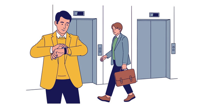 Businessman checking his watch while waiting for elevator in office lobby