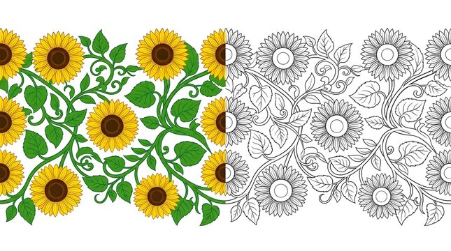 Seamless decorative sunflower border design featuring intricate floral patterns in both colored and outline versions perfect for craft projects and textile printing