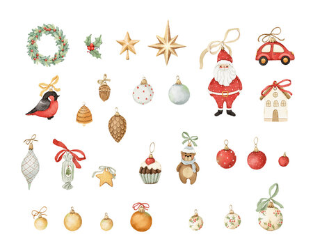 Cute watercolor set of Christmas toys, isolated collection of hand-drawn holiday symbols for invitation or greeting card, print, poster, home decor, colorful design element for Christmas tree.