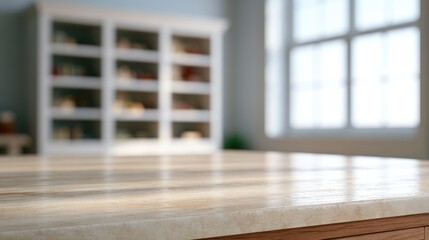Fototapeta premium Empty Wooden Table in Front of a Bright Window and Shelf Unit.