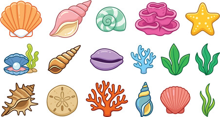 Colorful Marine Life Vector Icon Set with Exotic Seashells, Starfish, Pearl Clam, Ocean Coral Reef Elements, Seaweed, and Tropical Beach Treasures © MstRakha