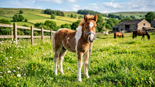 Cute foal standing in a green meadow. Young horse in a field with a farm background