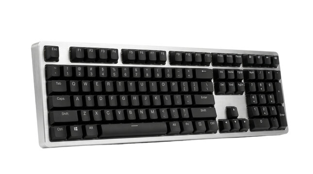 A sleek and modern isolated silver and black computer keyboard on a transparent background, ideal for tech and office supply designs, product catalogs, and websites, showcasing a qwerty layout.